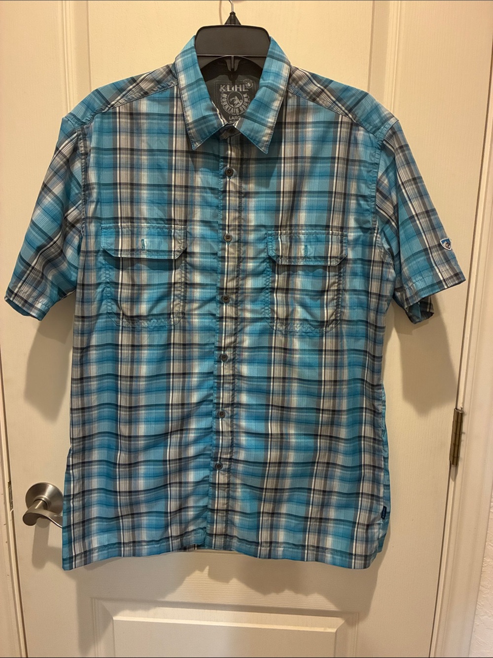 Kuhl Men's Teal and White Plaid Short-Sleeve Button-Down Shirt